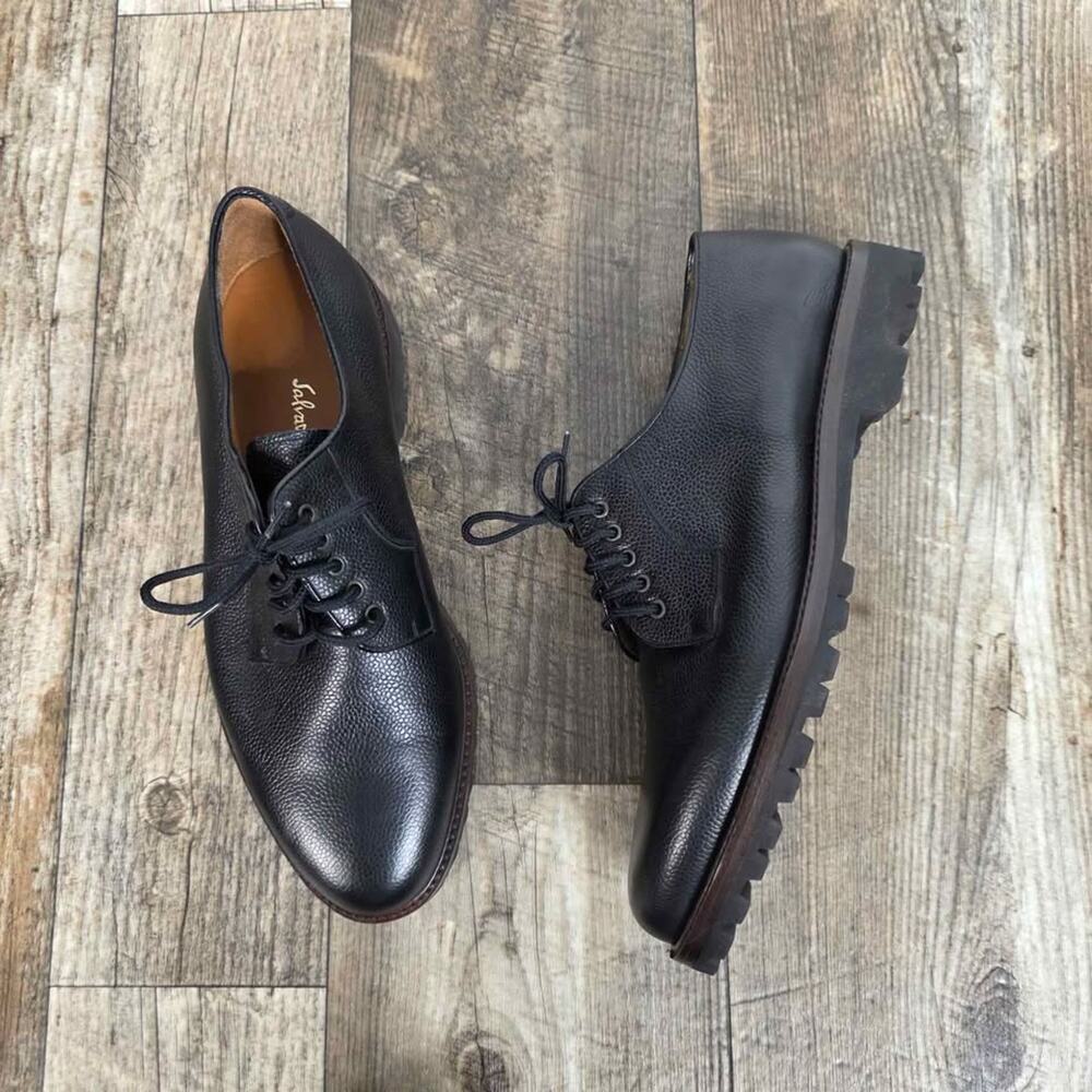 Salvatore Ferragamo Studio Black Pebbled Leather Vibram Derby Shoes 8.5 2E Wide